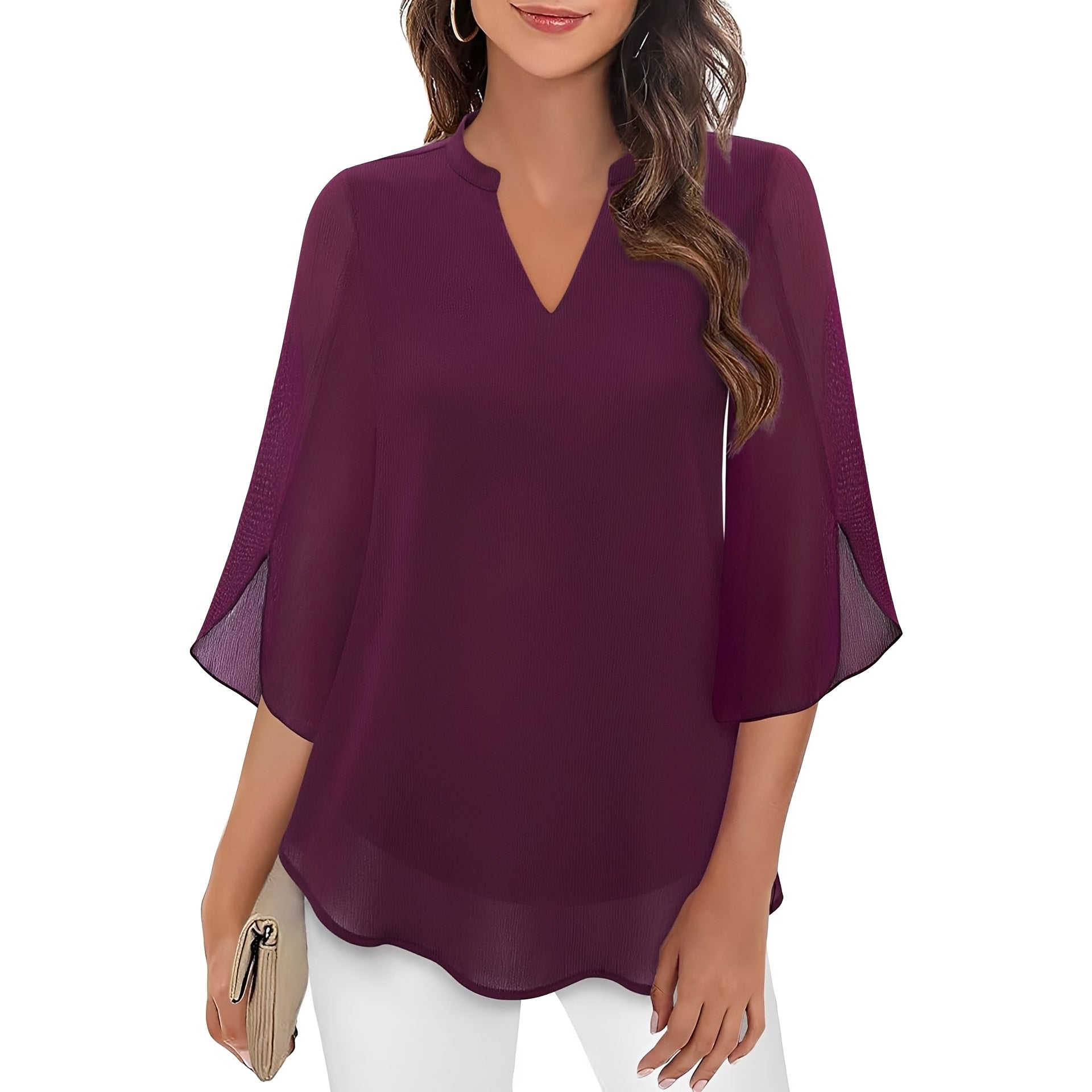 Brand Women's Chiffon V-Neck Blouse 3/4 Sleeve Elegant Top Various Colors — Image 5