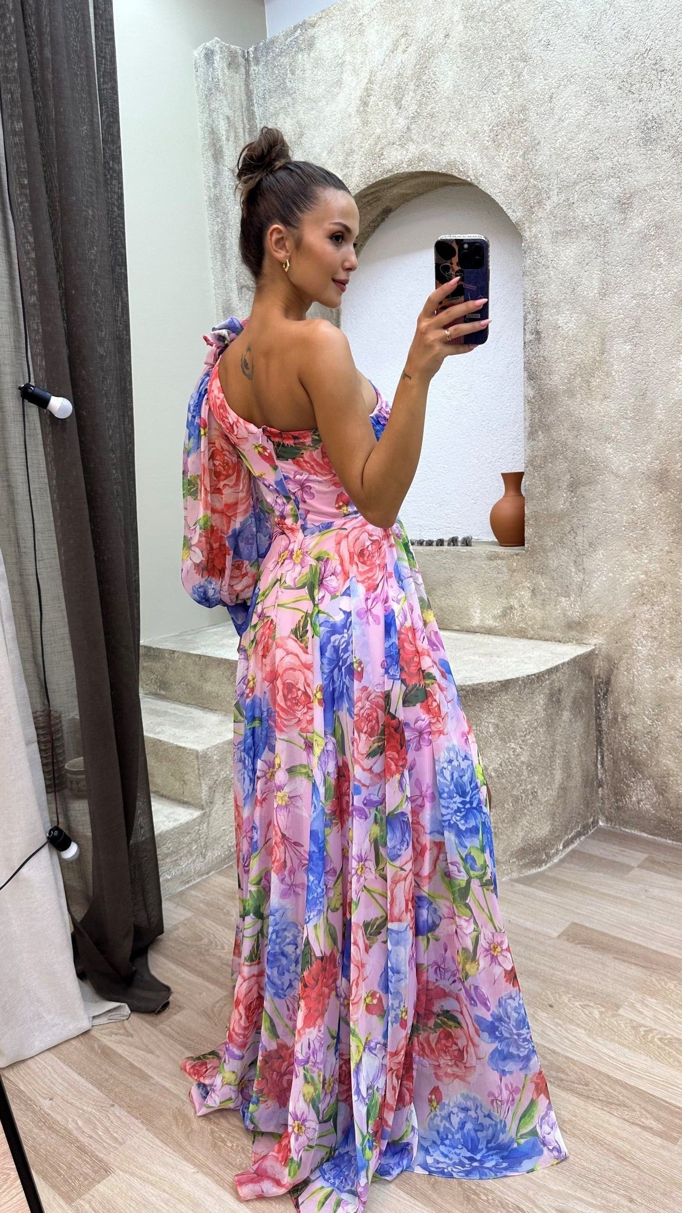 Floral One-Shoulder Maxi Dress with Slit - Women's Evening Gown Multicolor Chiffon — Image 4