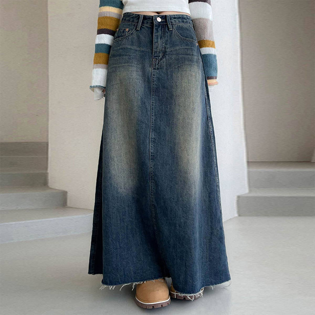 Women's Denim Maxi Skirt Frayed Hem Blue Cotton Casual Long Skirt — Main Image