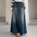 Women's Denim Maxi Skirt Frayed Hem Blue Cotton Casual Long Skirt — Main Image