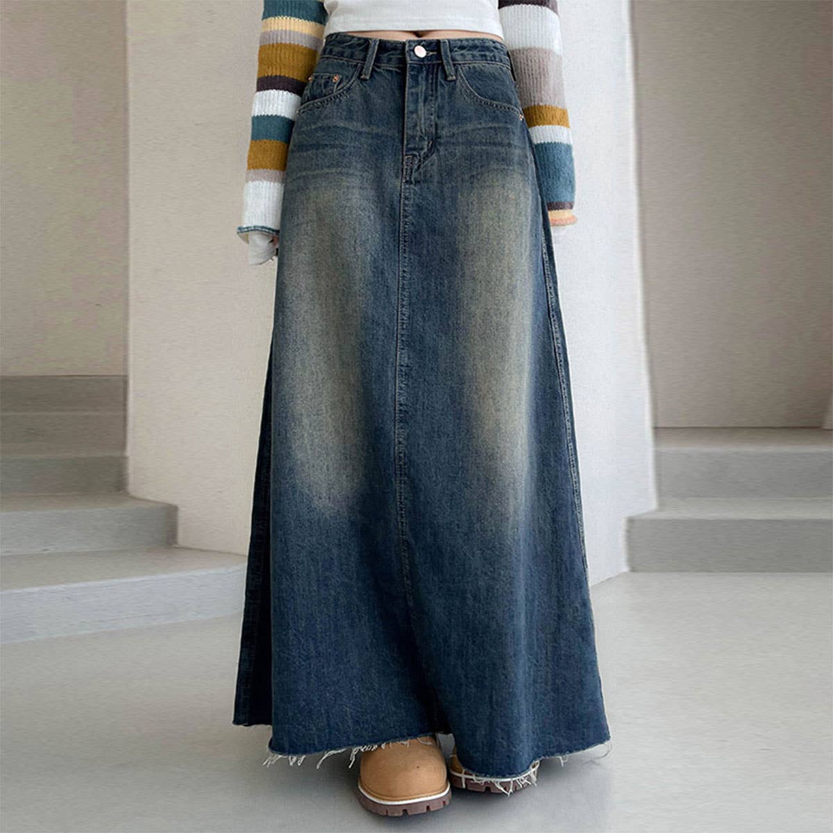 Women's Denim Maxi Skirt Frayed Hem Blue Cotton Casual Long Skirt — Main Image