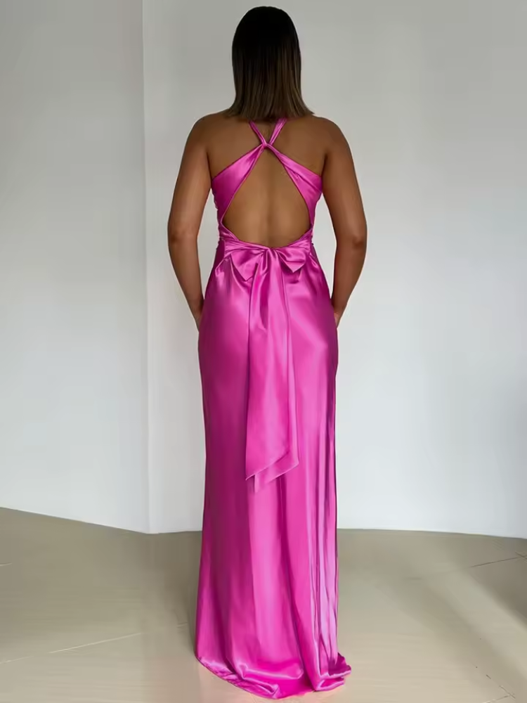 Satin Maxi Dress Open Back with Bow - Women's Formal Evening Gown [Color] — Image 7