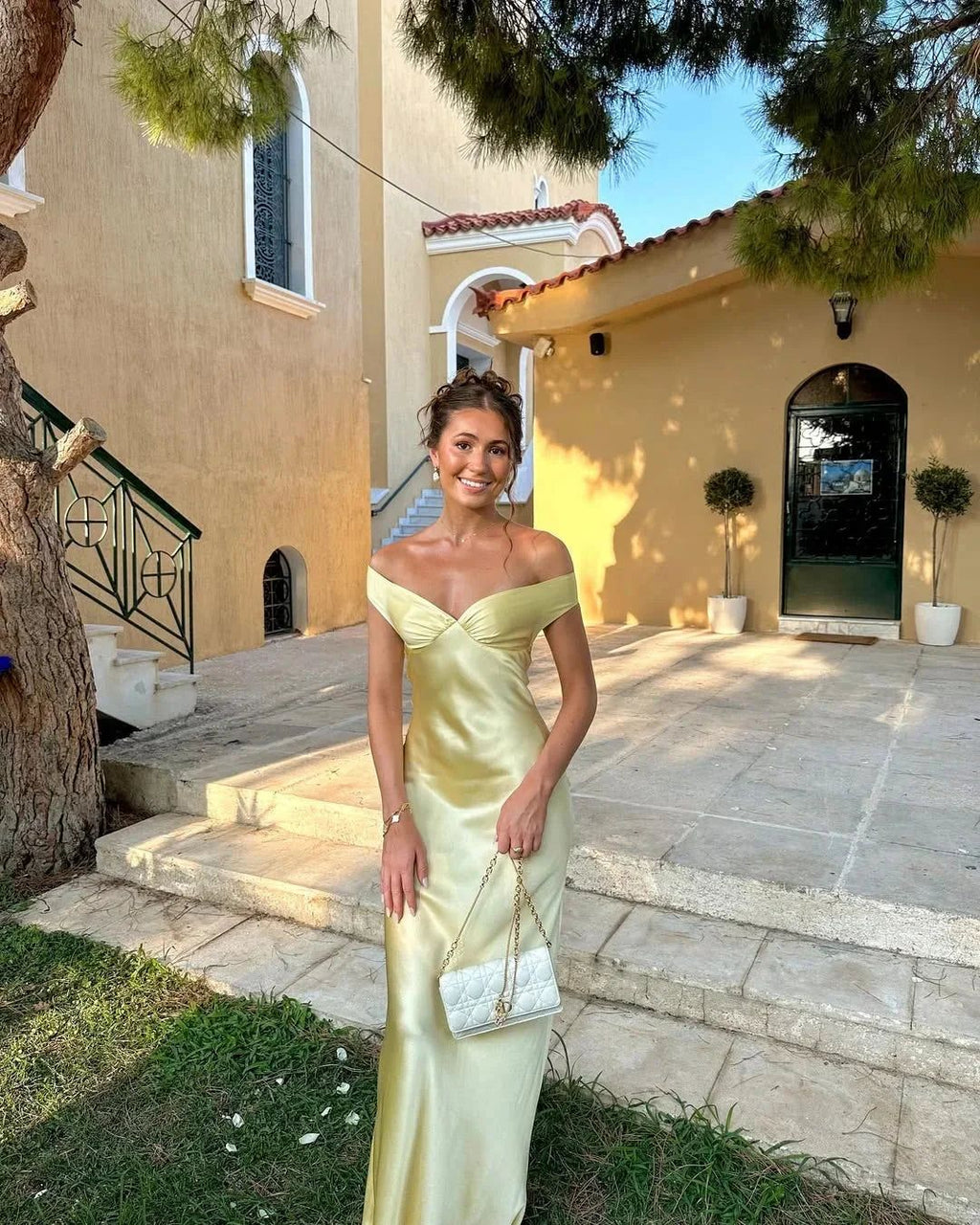 Satin Maxi Dress Off-Shoulder Yellow Evening Gown — Image 3
