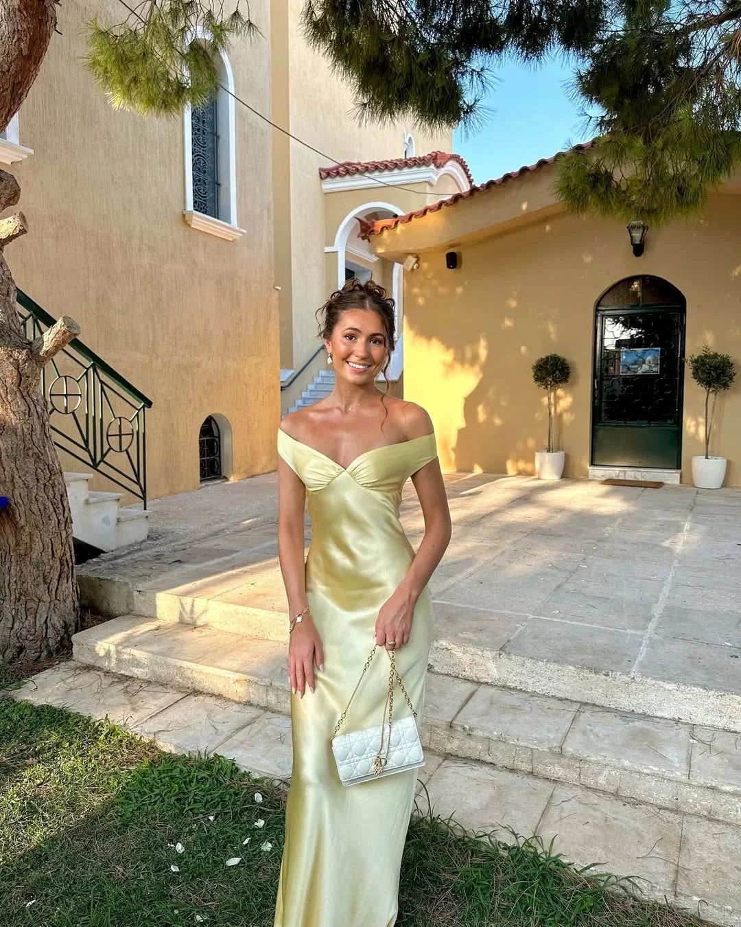 Satin Maxi Dress Off-Shoulder Yellow Evening Gown — Image 3