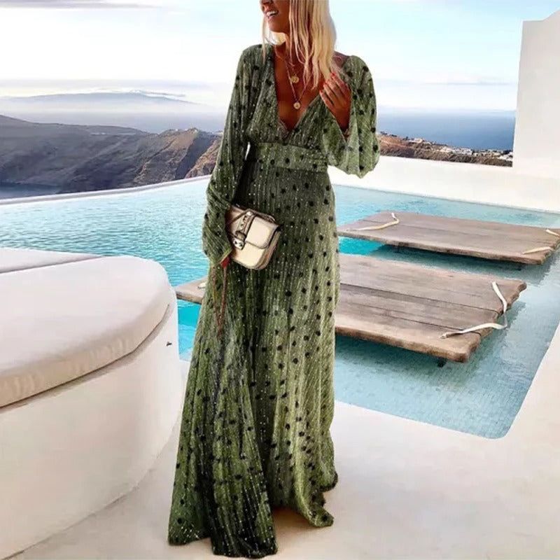 Green Bohemian Maxi Dress - V-Neck Long Sleeve Evening Gown — Main Image