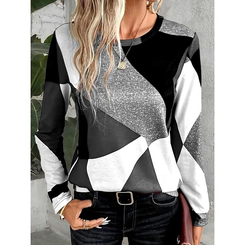Women's Geometric Long Sleeve Top Soft Stretchy Casual Crew Neck Blouse Multicolor — Image 4