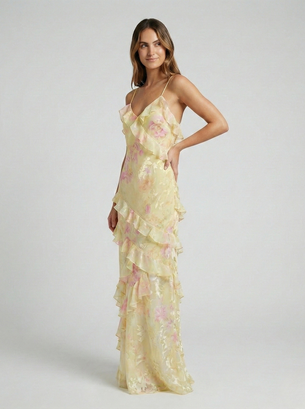 Floral Ruffle Maxi Dress - Pink/Yellow Chiffon Gown with Spaghetti Straps and Tiered Ruffles — Image 4