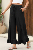 Women's Black Wide-Leg Ruffle Hem Pants Elastic Waist Casual Lightweight — Image 4