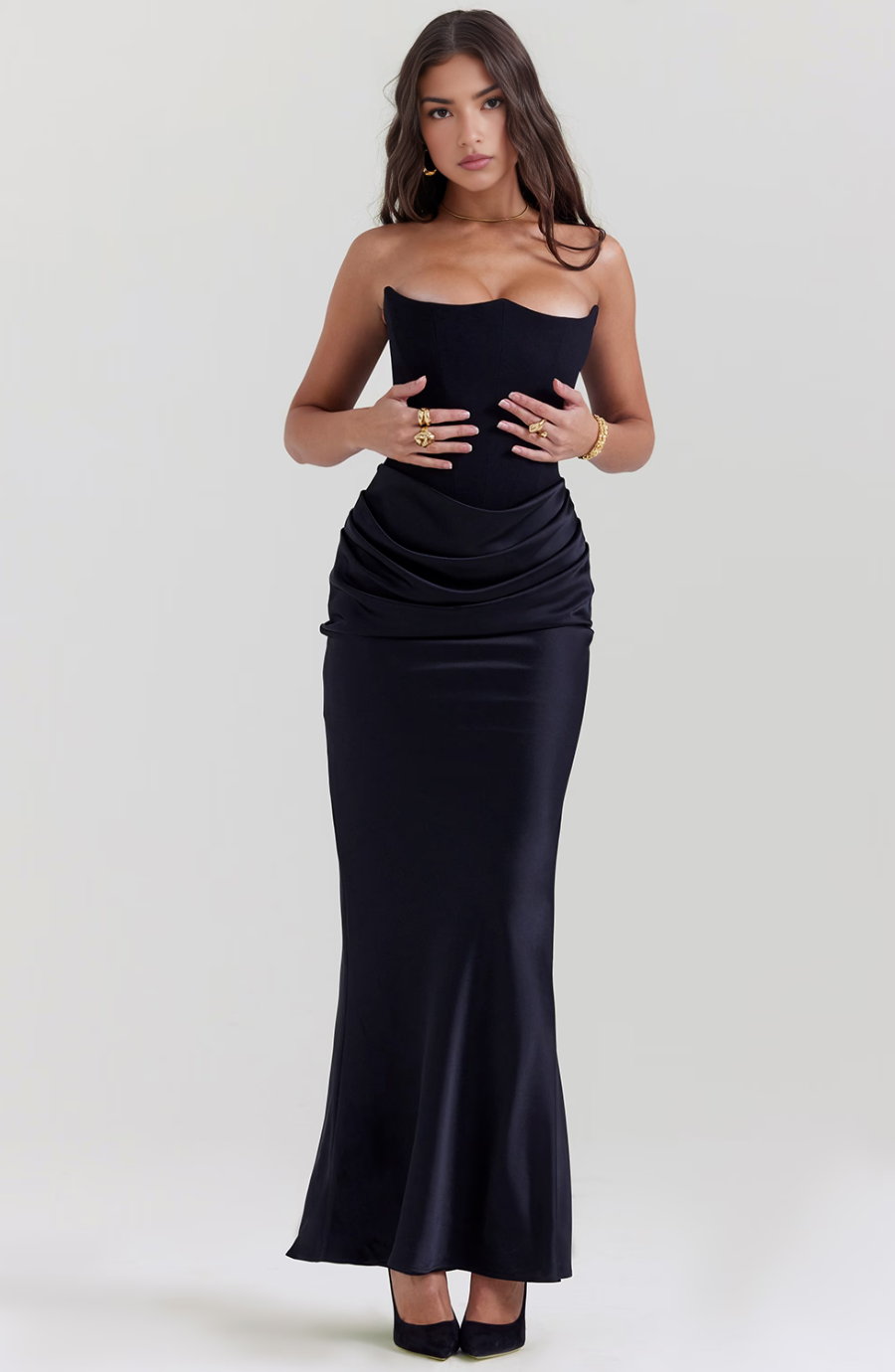 Strapless Corset Maxi Dress Satin Formal Evening Gown - Black, White, Pink, Taupe — Image 4