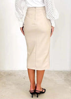 Draped Faux Leather Midi Skirt with Slit, Black, Beige, Brown. Elegant Women's Pencil Skirt. — Image 10