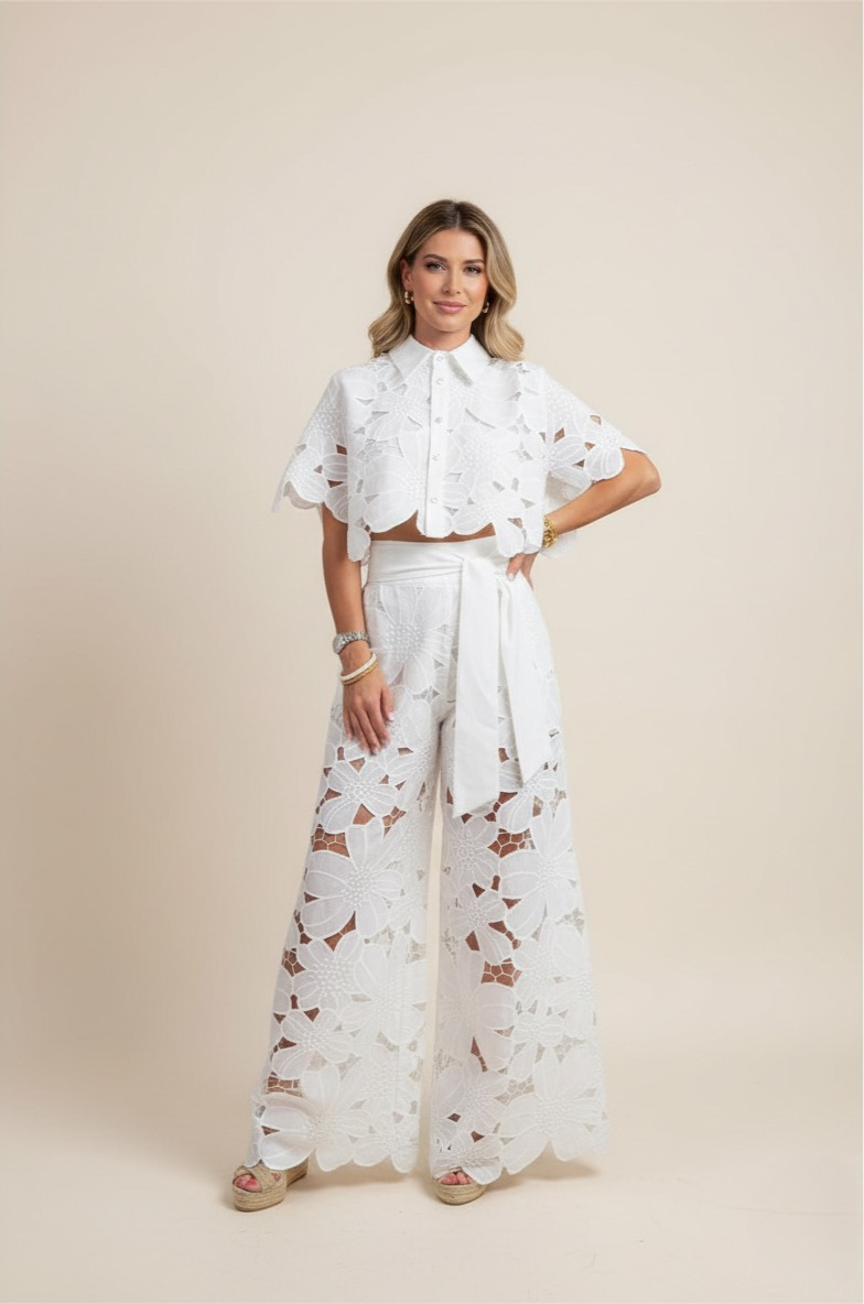 Floral Lace Two-Piece Set: Cropped Shirt & Wide Leg Pants - White Polyester Lace - Women's Fashion — Main Image