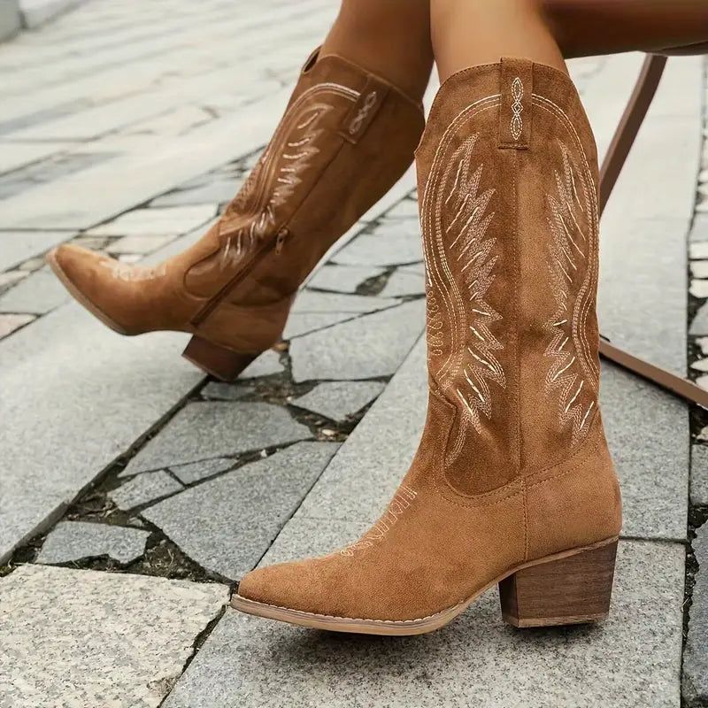 Embroidered Western Cowboy Boots Women's Suede Leather Pointed Toe Block Heel [Color] — Image 3