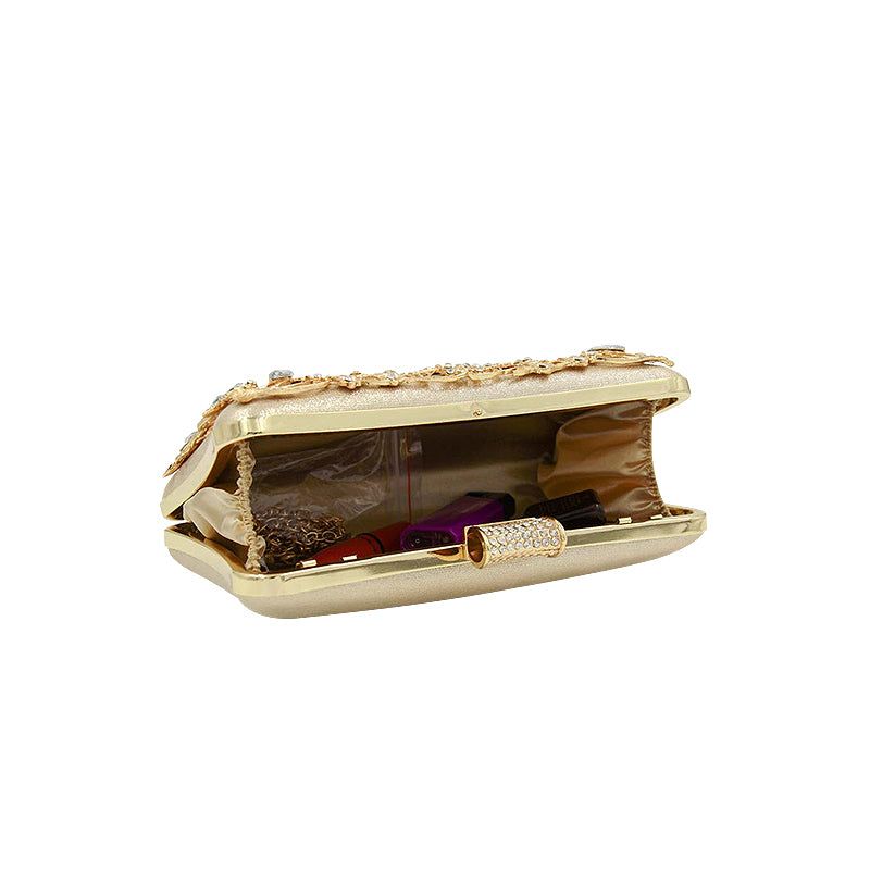 Floral Evening Clutch Bag Gold Rhinestone Beaded Party Purse Bridal Handbag — Image 3