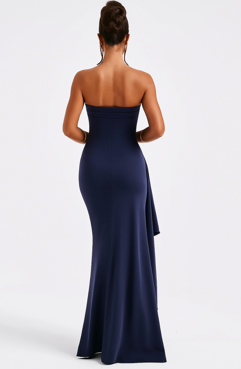 Strapless Thigh Slit Maxi Dress Navy/Black Elegant Evening Gown — Image 2