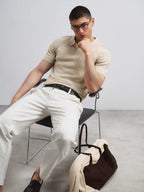 Del Viento Men's Ribbed Knit Polo Shirt Beige Cotton Blend Short Sleeve Casual Top — Image 4