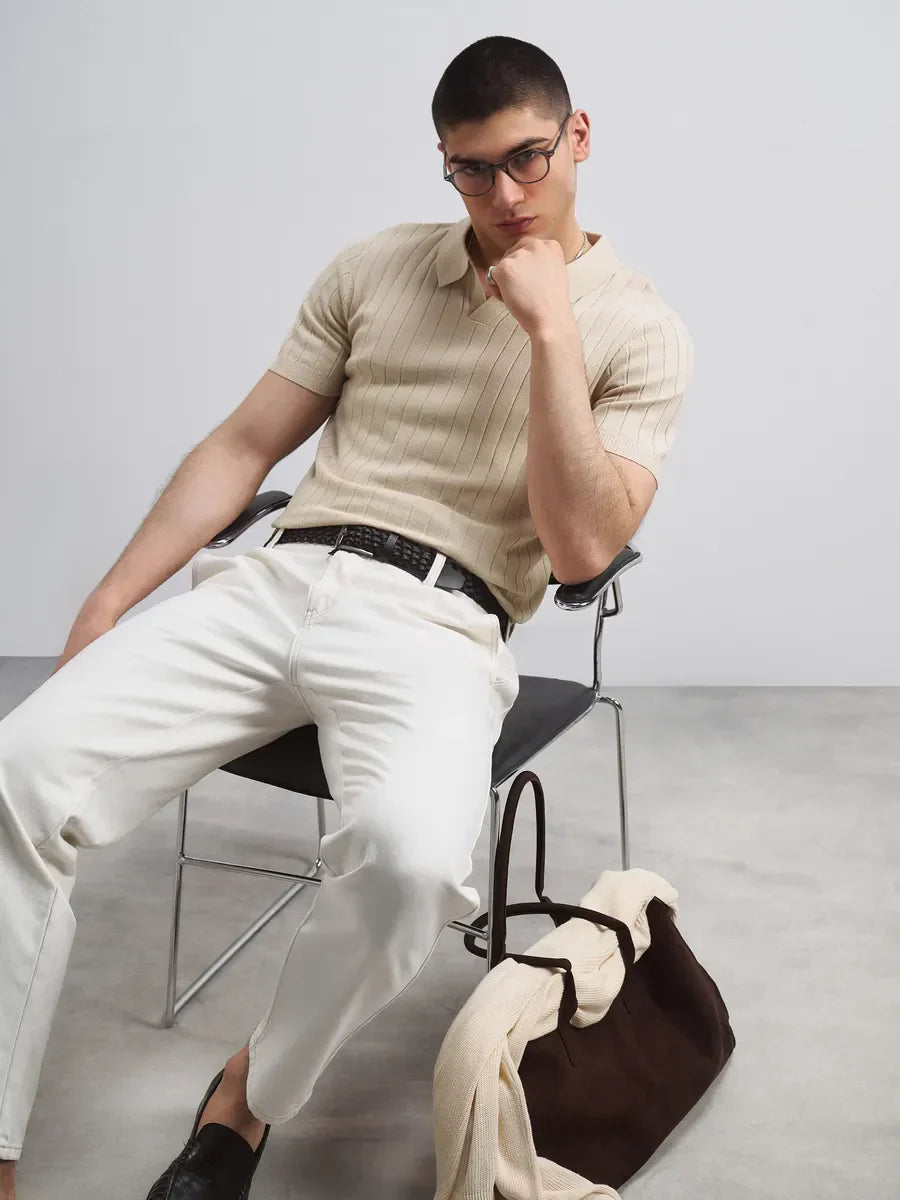 Del Viento Men's Ribbed Knit Polo Shirt Beige Cotton Blend Short Sleeve Casual Top — Image 4