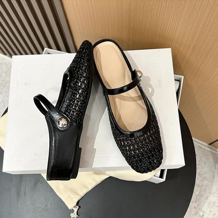 Elegant Women's Woven Flats Gold & Black Leather Mary Jane Style Comfortable Shoes — Image 7