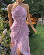 Ruffle Pleated Midi Dress One Shoulder Asymmetrical Purple — Image 4