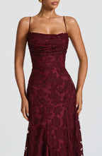 Floral Lace Maxi Dress with Lace-Up Back, Spaghetti Straps, Fitted Bodice. Available in Burgundy, White, and Pink. — Image 4