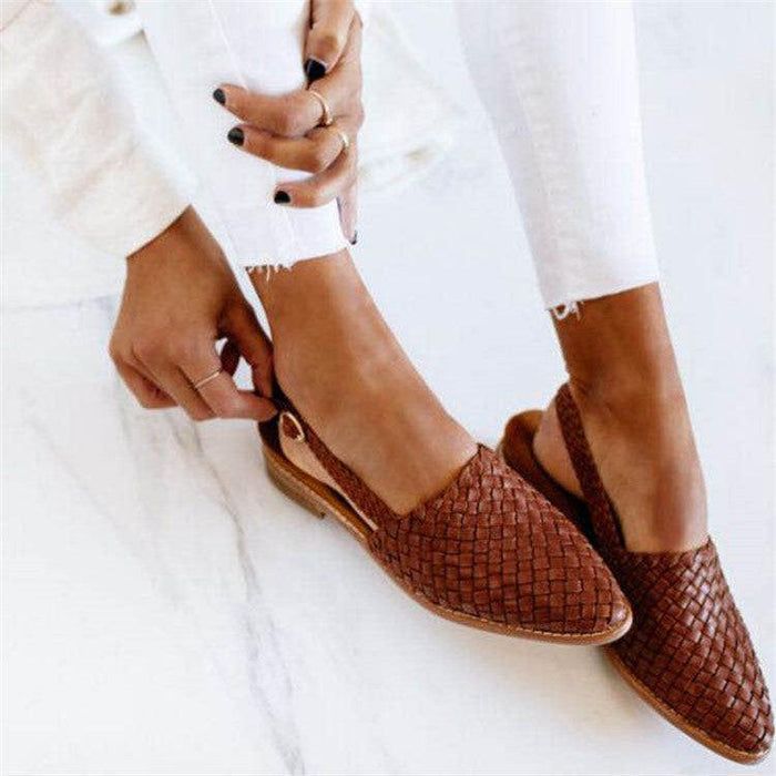 Woven Slingback Flats Women's Shoes - Brown Leather Summer Sandals — Main Image