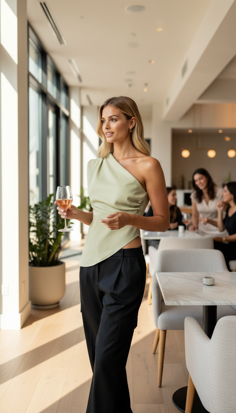 One-Shoulder Blouse: Sleeveless Asymmetrical Top, Sage Green Polyester Blend, Women's Fashion — Image 3