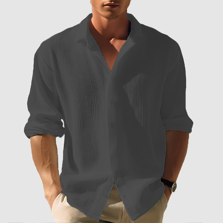 Men's Long Sleeve Button-Down Shirt - Casual Textured Cotton Blend - White, Green, Pink, Cream, Black, Blue — Image 6