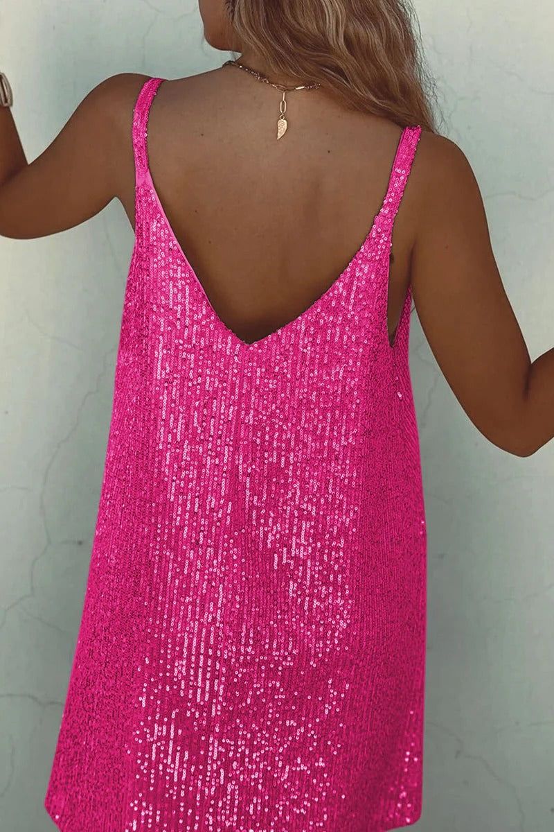 Sequin V-Neck Mini Dress. Assorted colors, polyester material. Sleeveless party dress. — Image 6