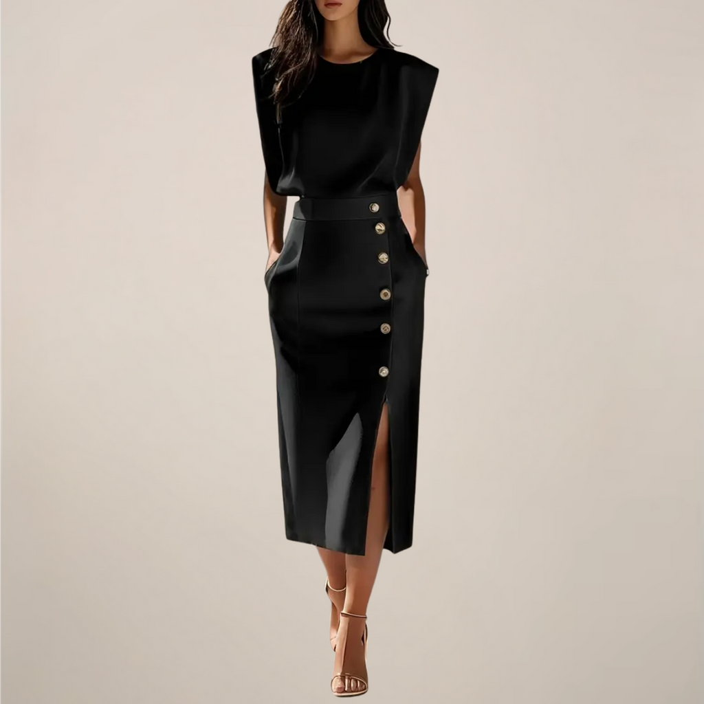 Button Slit Midi Dress with Shoulder Pads: Elegant Dress for Women - Various Colors — Image 5
