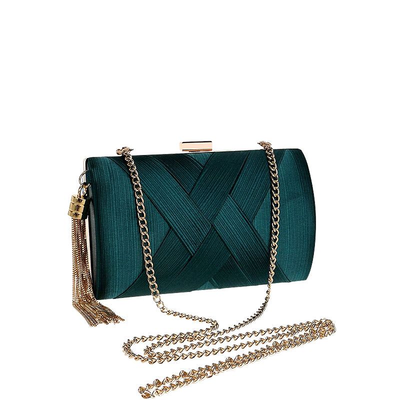 Satin Evening Clutch with Tassel Accent, Available in Gold, Green, Black, and Silver — Image 2