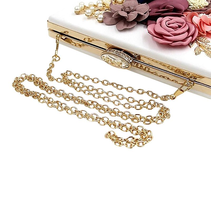 White Floral Clutch Bag with Fabric Flowers, Pearl Embellishments, and Chain Strap — Image 5