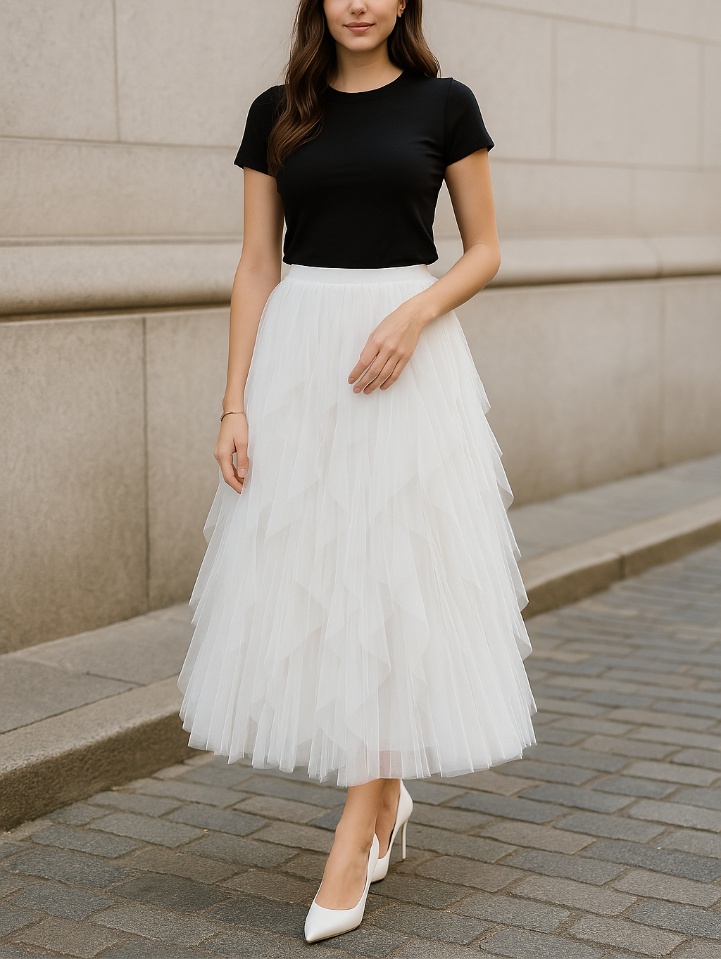 Chic Women's Tulle Midi Skirt A-Line High Waist Layered Ruffle Design - Black, White, Pink, Gray, Brown — Image 2