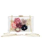 White Floral Clutch Bag with Fabric Flowers, Pearl Embellishments, and Chain Strap — Image 4