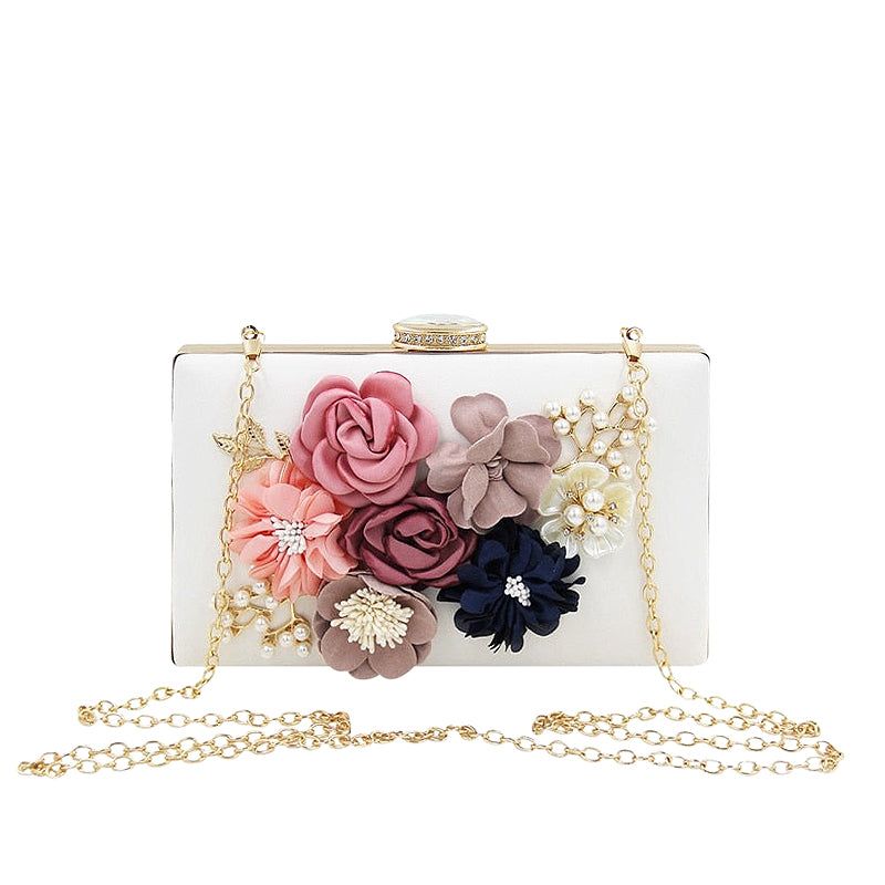 White Floral Clutch Bag with Fabric Flowers, Pearl Embellishments, and Chain Strap — Image 4