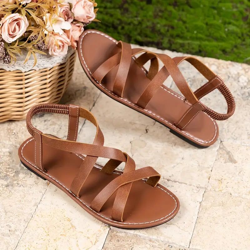 Criss Cross Ankle Strap Sandals Women's Flat Summer Shoes Tan Faux Leather — Image 13
