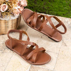 Criss Cross Ankle Strap Sandals Women's Flat Summer Shoes Tan Faux Leather — Image 13