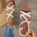 Criss Cross Ankle Strap Sandals Women's Flat Summer Shoes Tan Faux Leather — Main Image