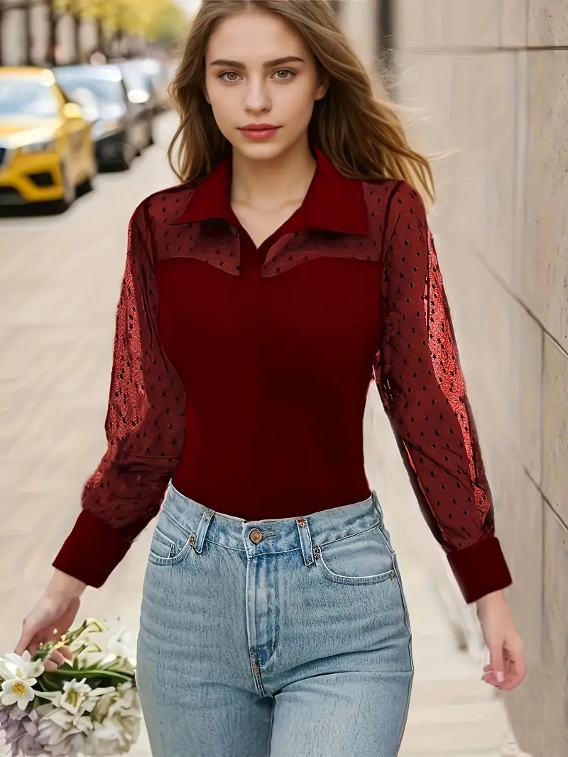 Women's Bodysuit Sheer Mesh Sleeve Polka Dot Blouse Elegant Casual Formal — Image 3