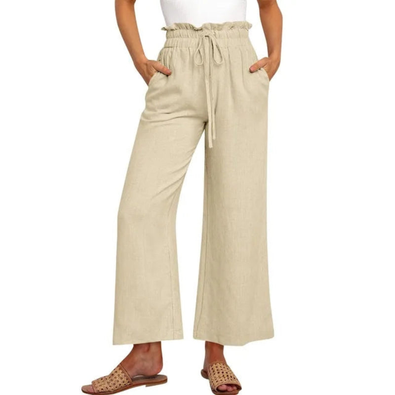 Women's Linen Wide Leg Pants High Waist Elastic Drawstring Casual Trousers — Image 7