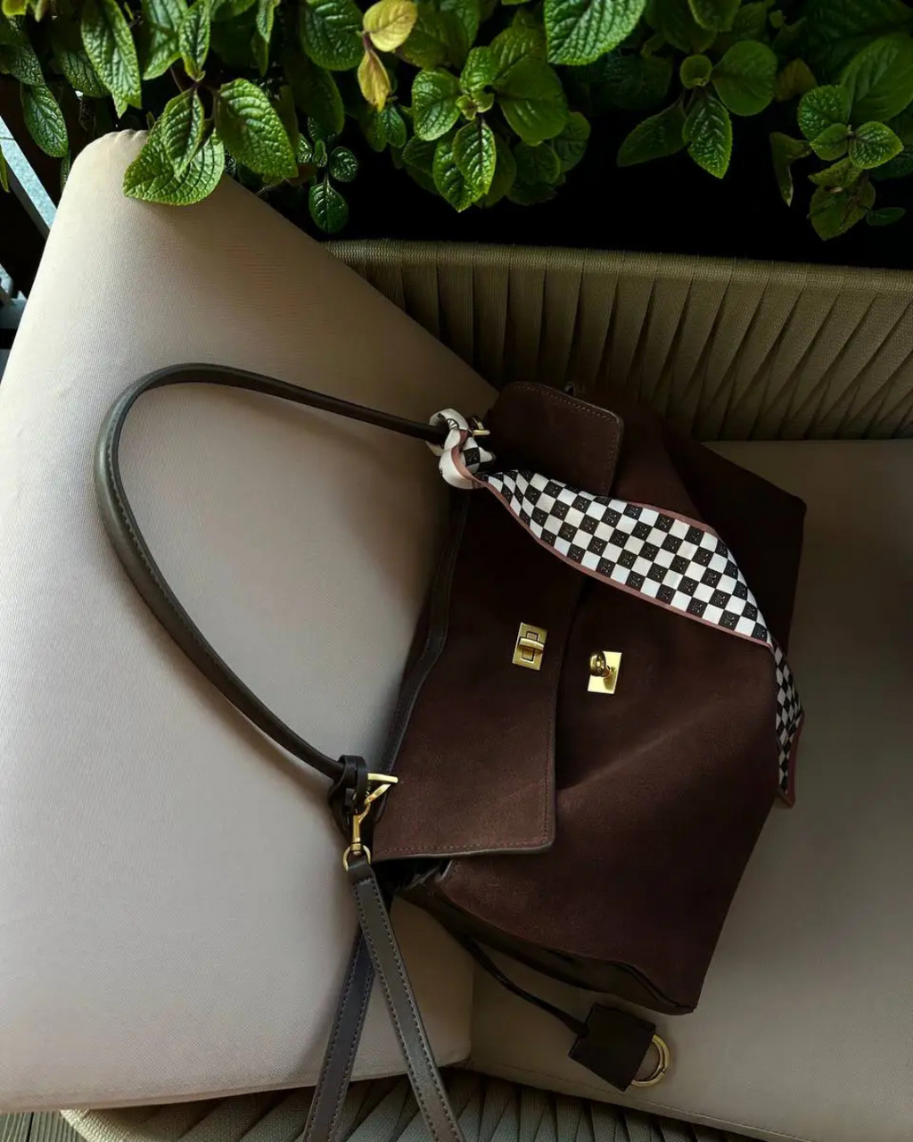 Suede Leather Top Handle Bag Brown - Women's Elegant Shoulder Bag — Image 6