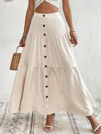 Chic Beige Maxi Skirt Button-Front Flowy Tiered Design Women's Summer Fashion — Image 2