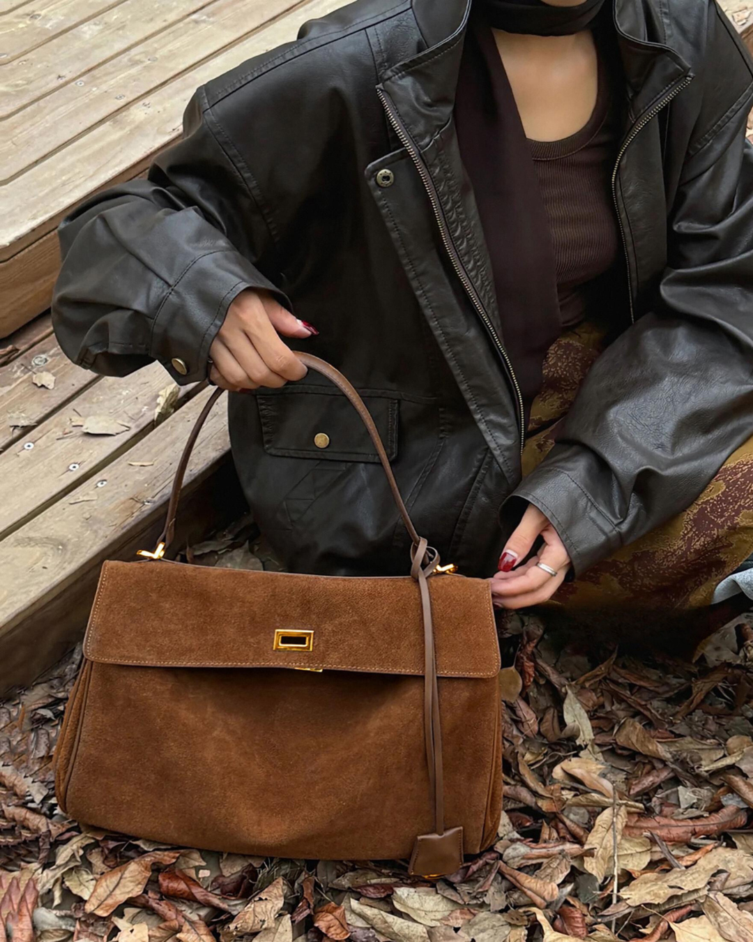 Suede Leather Top Handle Bag Brown - Women's Elegant Shoulder Bag — Image 4