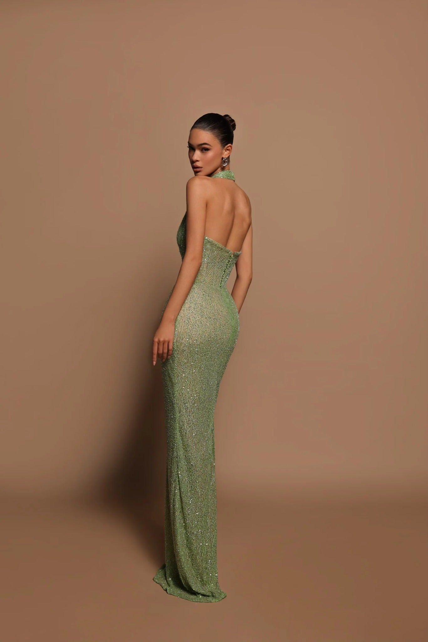 Sequin Halter Maxi Dress Green. Elegant Evening Gown with Shimmering Sequins. — Image 2