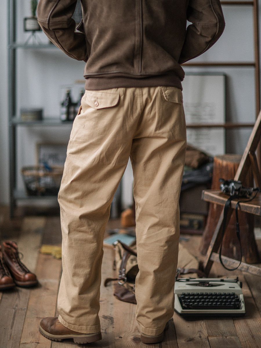 Vintage Style Men's Work Pants Cotton Canvas Khaki High Waist Pleated — Image 4