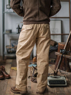 Vintage Style Men's Work Pants Cotton Canvas Khaki High Waist Pleated — Image 4