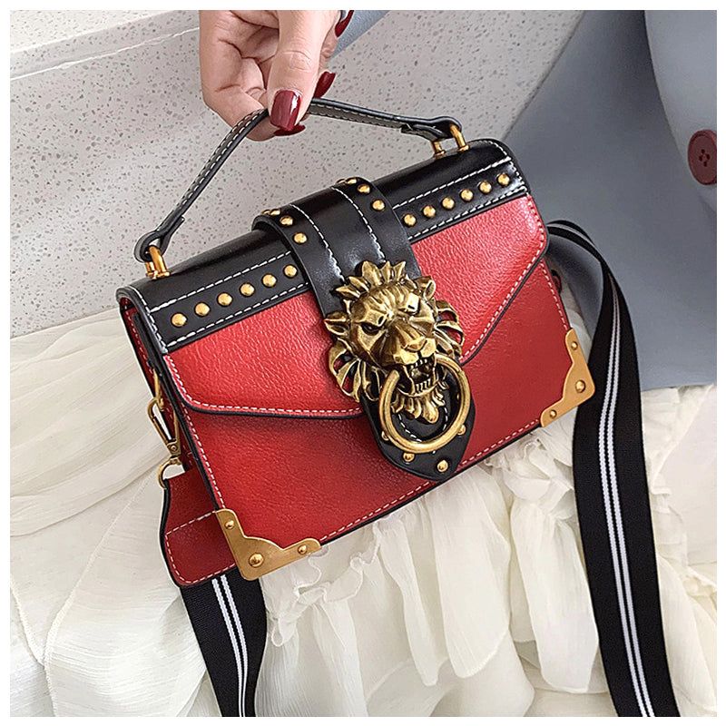 Lion Emblem Flap Satchel Bag - Faux Leather Shoulder Handbag Black/Red/Pink — Image 5