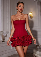 Red Strapless Corset Ruffle Mini Dress - Fitted Party Cocktail Dress — Image 4