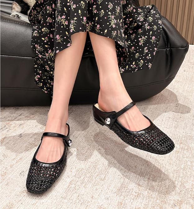 Elegant Women's Woven Flats Gold & Black Leather Mary Jane Style Comfortable Shoes — Image 6