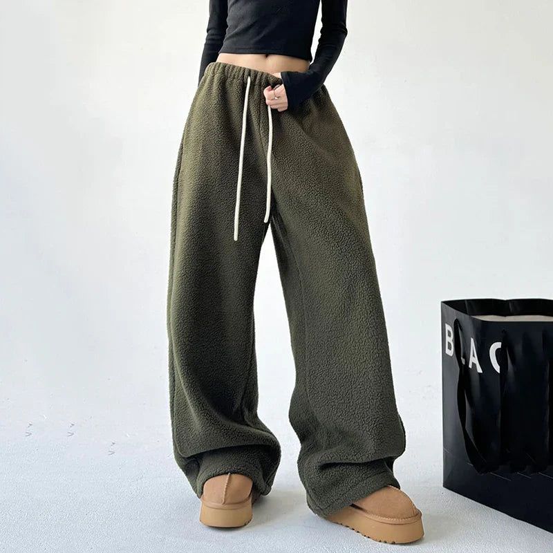 Women's Wide Leg Sherpa Fleece Lounge Pants with Drawstring - Black, Brown, Green Polyester — Image 5