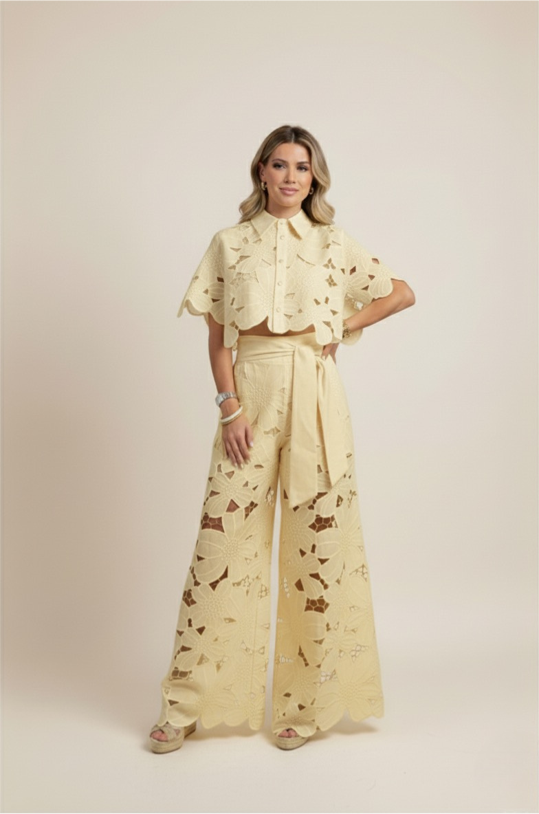 Floral Lace Two-Piece Set: Cropped Shirt & Wide Leg Pants - White Polyester Lace - Women's Fashion — Image 10