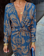 Twist Front Midi Dress V-Neck Long Sleeve Polyester Various Colors S M L XL — Image 3